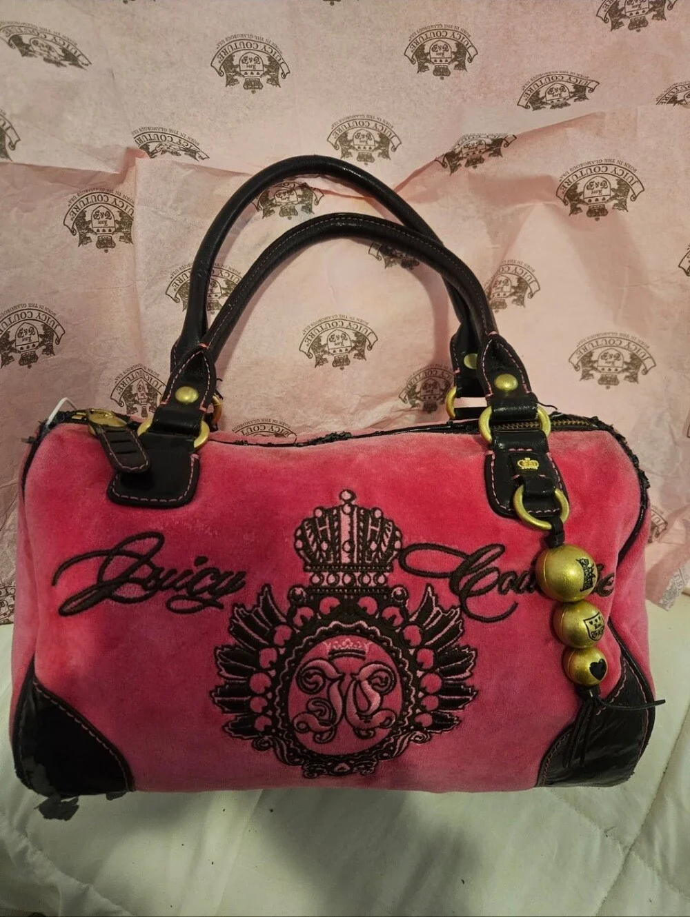 Rare Juicy Couture Y2K Dollish Hot Pink Velour Satchel with Gold Brass Charm